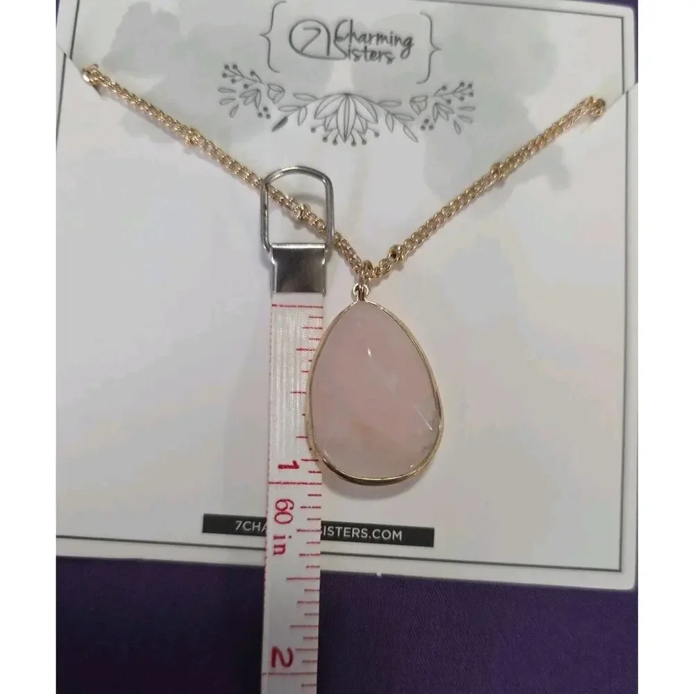 Rose Quartz Teardrop Pendant Necklace On Gold Tone Satellite Station Chain